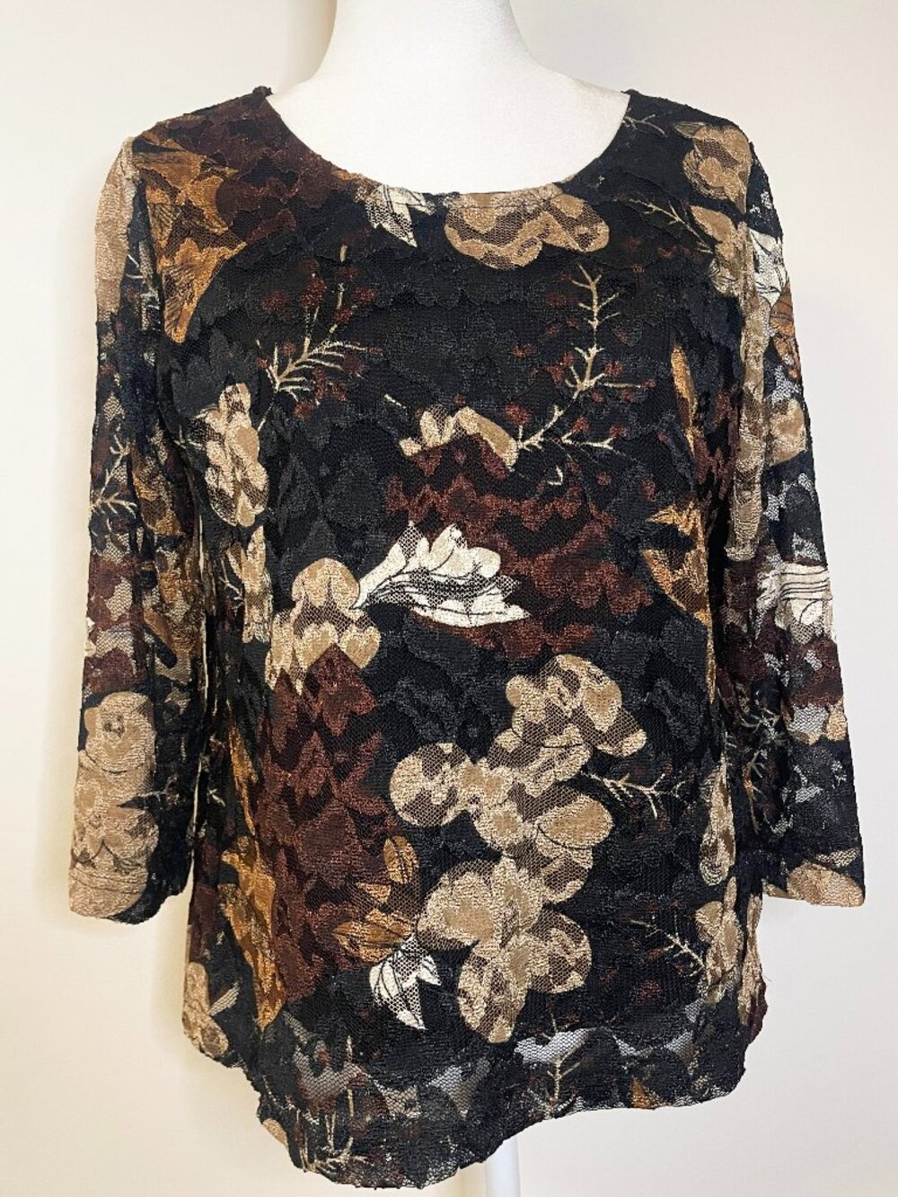 White Stag Black Brown Floral Lace Sheer Top XL Earthy Whimsigoth